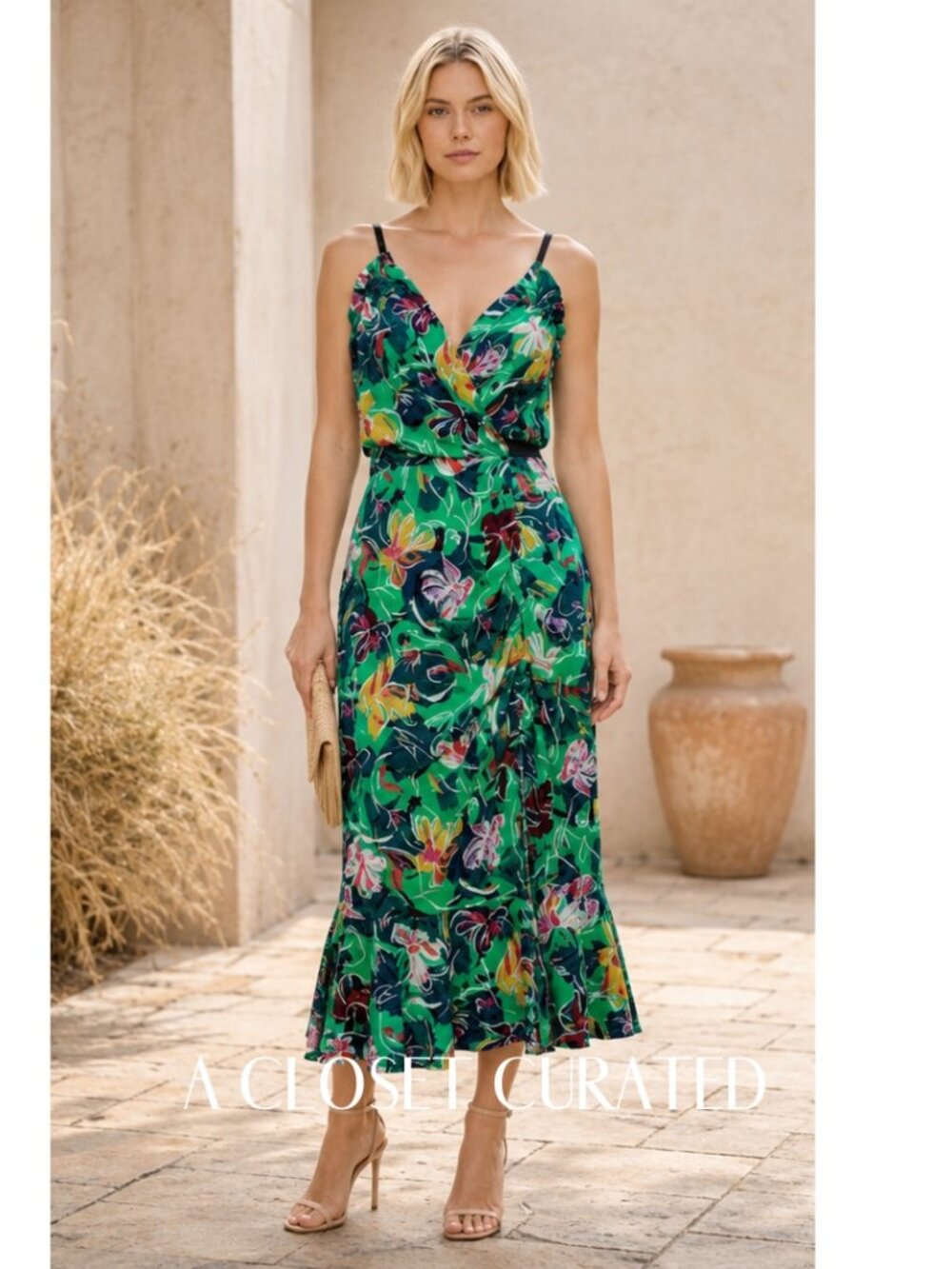 Saloni Jennie Silk Midi Dress 4 Green Floral NEW